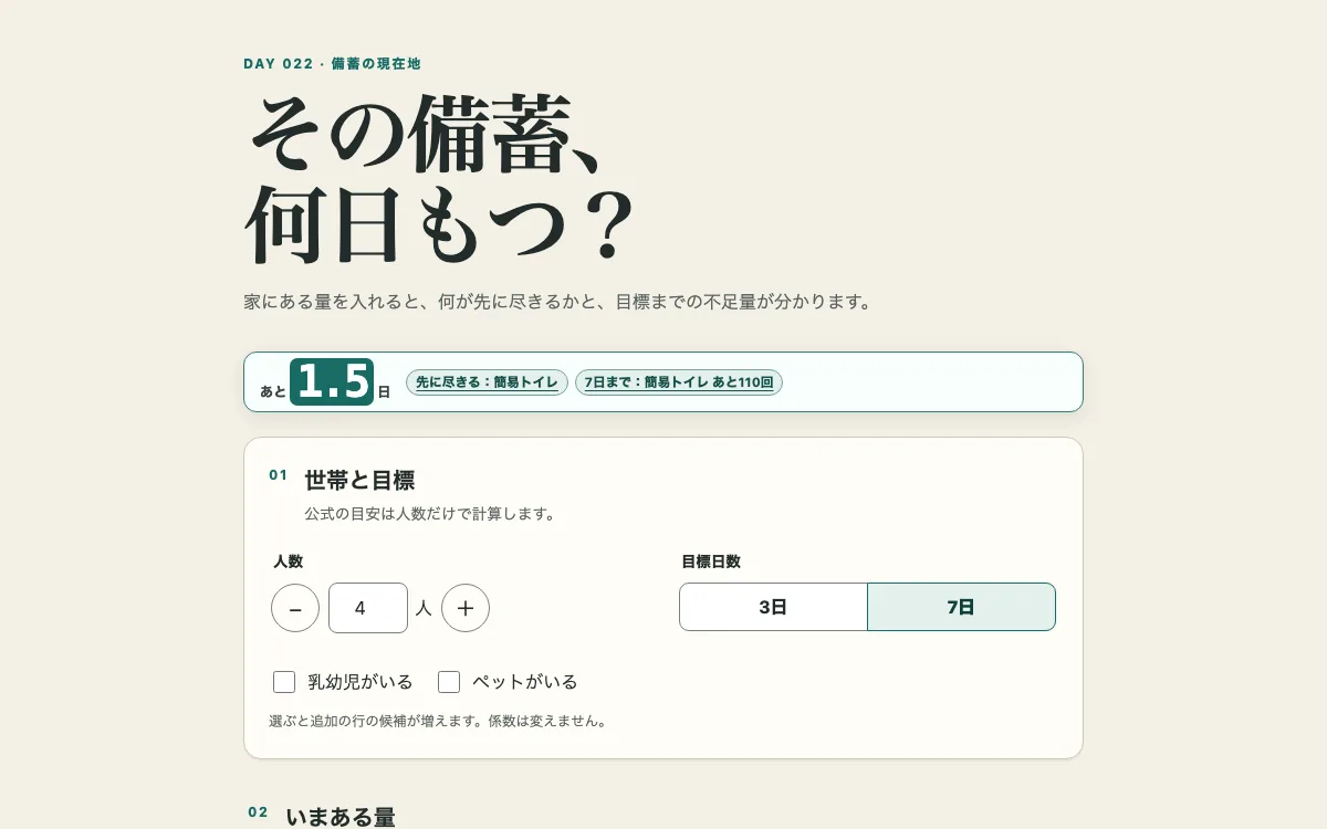 その備蓄、何日もつ？の画面
