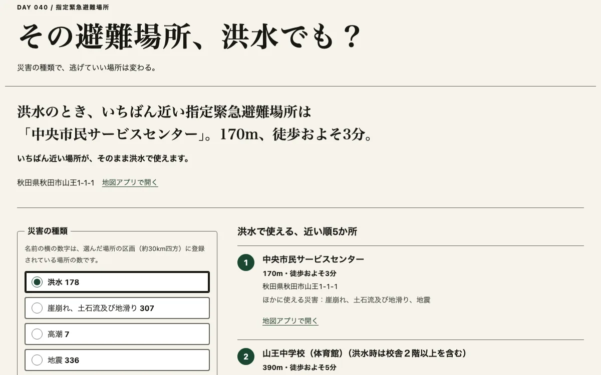 その避難場所、洪水でも?の画面